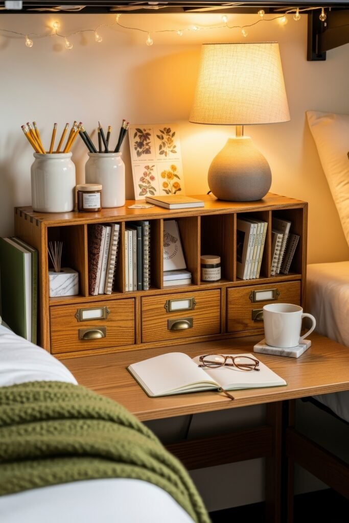 Dorm desk organization ideas for a chic glow-up 13 Warm dorm desk glow-up featuring a wooden organizer with drawers, ceramic pencil jars, a soft lamp, and notebooks neatly stacked.