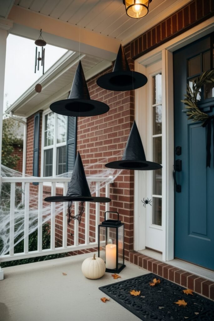 Spooky-Chic halloween porch ideas for Instant Curb Appeal 16 Brick house porch with floating witch hats, cobwebs, a lantern, white pumpkin, and a spider decoration by the door.