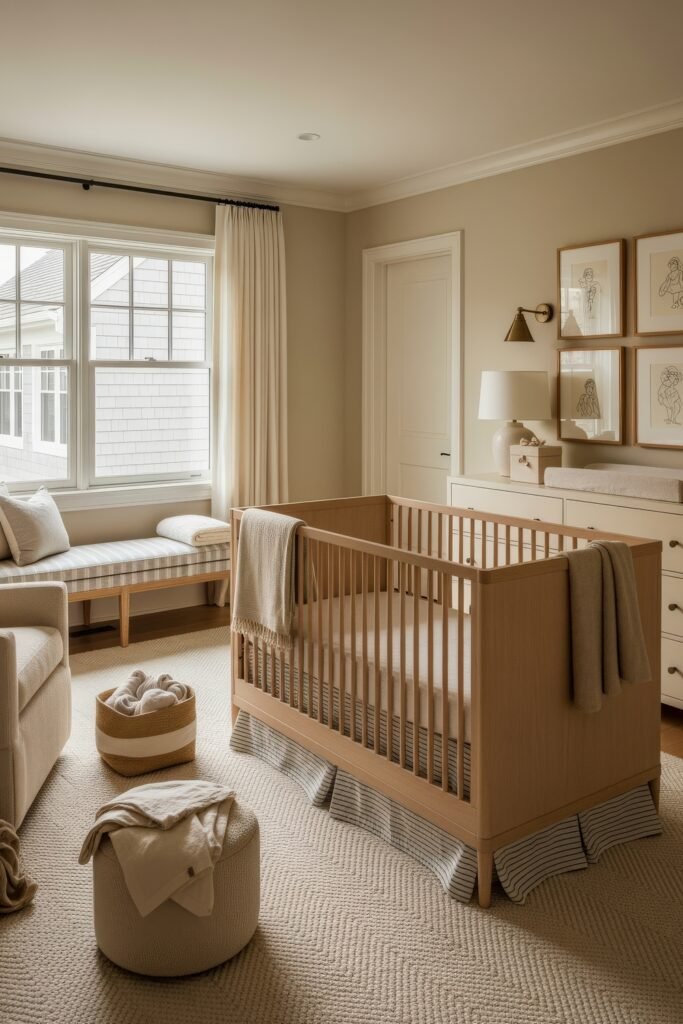 Fresh nautical nursery ideas for a calm, stylish baby room 15 Warm beige nursery with a wooden crib, striped window seat, abstract wall art, and cozy accents for a timeless dreamy design.