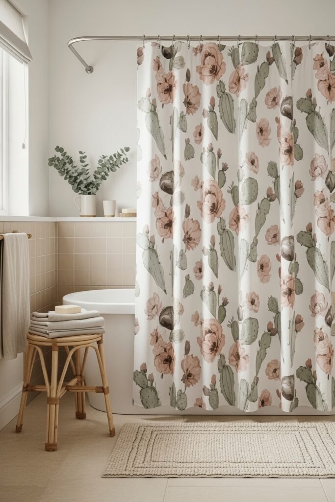 Desert-Modern Magic: Western Bathroom Decor Ideas 17 Light-filled bathroom with cactus-print floral shower curtain, rattan stool, neutral towels, and greenery adding a soft western bathroom decor look.