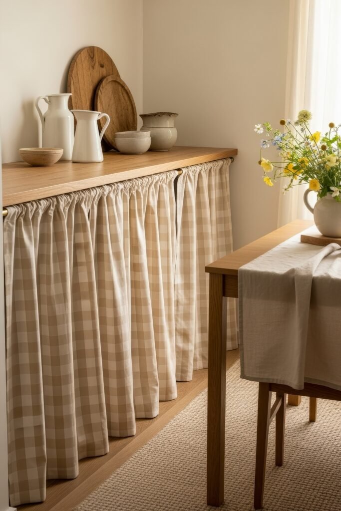 Chic Ideas for Aesthetic Apartment Decor That Feels Effortless 20 Country-style kitchen corner with a wood counter skirted in gingham fabric, rustic pottery, and a dining table dressed with a linen runner and fresh wildflowers.