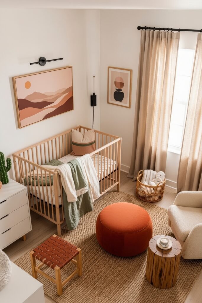 Dreamy Nursery Bedrooms: Baby Nursery Ideas for Boy 15 Desert-inspired baby nursery idea for boy with earthy tones, sunset wall art, natural wood crib, burnt orange ottoman, and woven accents.