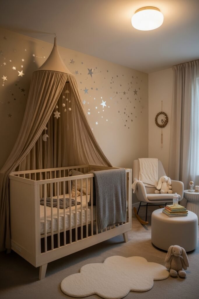 Dreamy & Stylish Baby Nursery Ideas for Girl 15 Starry-themed nursery with a crib under a canopy, cloud rug, plush bunny, and glowing constellation wall decals for a cozy dreamy nursery bedroom.