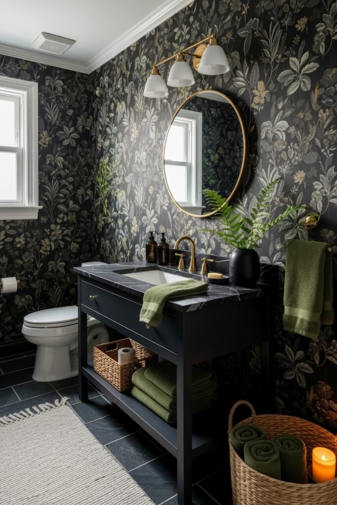 Black and Gold Bathroom Decor Ideas for Luxe Everyday Calm 17 Botanical-themed bathroom with dark floral wallpaper, black vanity with gold faucet, wicker baskets, and green towels, accented by a glowing candle.