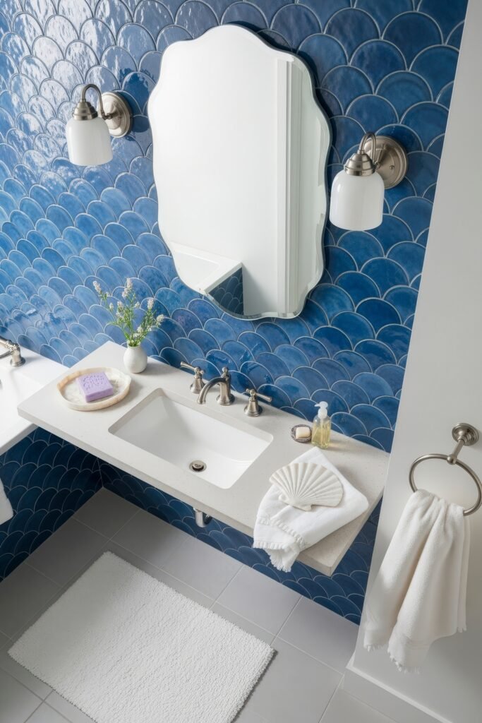 Blue Bathroom Decor: Fresh, Wow-Worthy Ideas 17 Elegant bathroom with scalloped blue tiles, ornate mirror, and white vanity counter styled with fresh bathroom decor.