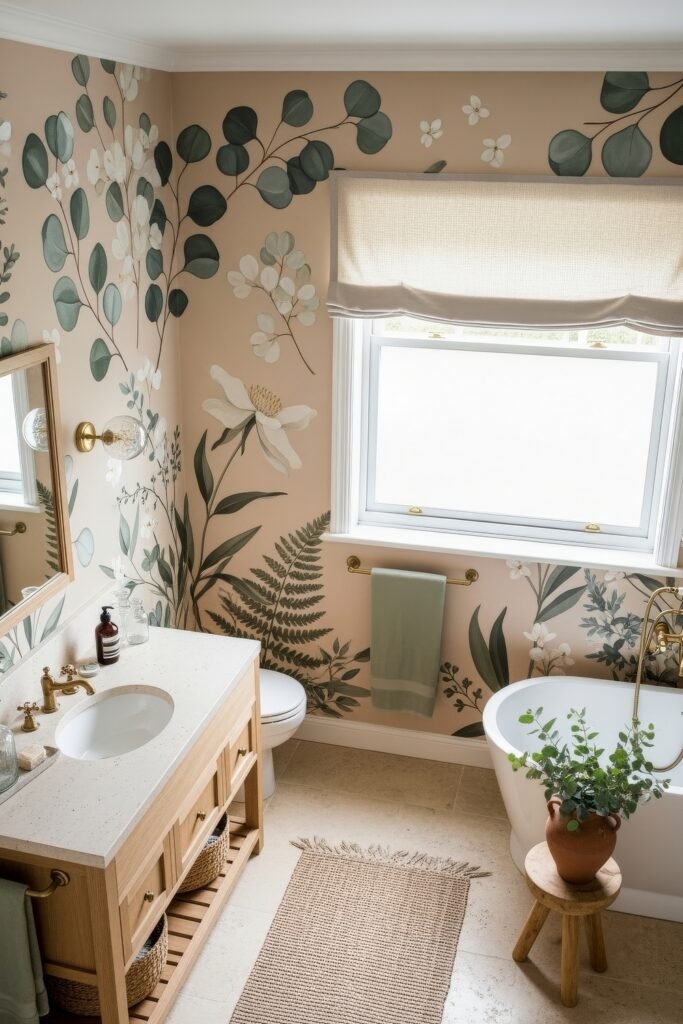 Fresh Ways to Layer Boho Bathroom Decor 18 Bright bathroom with floral mural, wood vanity, freestanding tub, woven accents, and terracotta planter for refreshing Bathroom Decor Inspo.