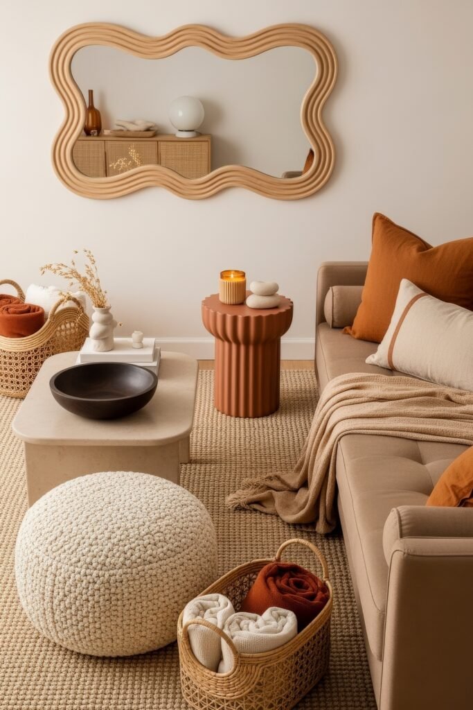 Cozy Boho Fall Decor: Ideas for Warm, Collected Style 20 Modern boho fall decor living room with a beige sofa, rust and tan pillows, sculptural accent tables, a glowing candle, and a basket of rolled throws.