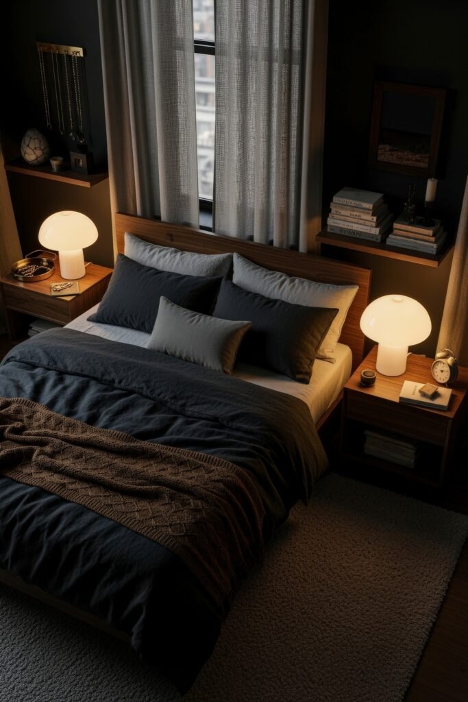 Soft & Stylish: Cozy Bedroom Ideas for an Effortless Retreat 20 Moody modern bedroom with dark bedding, brown knitted throw, wooden furniture, mushroom-style lamps, and a softly lit city view through sheer curtains.