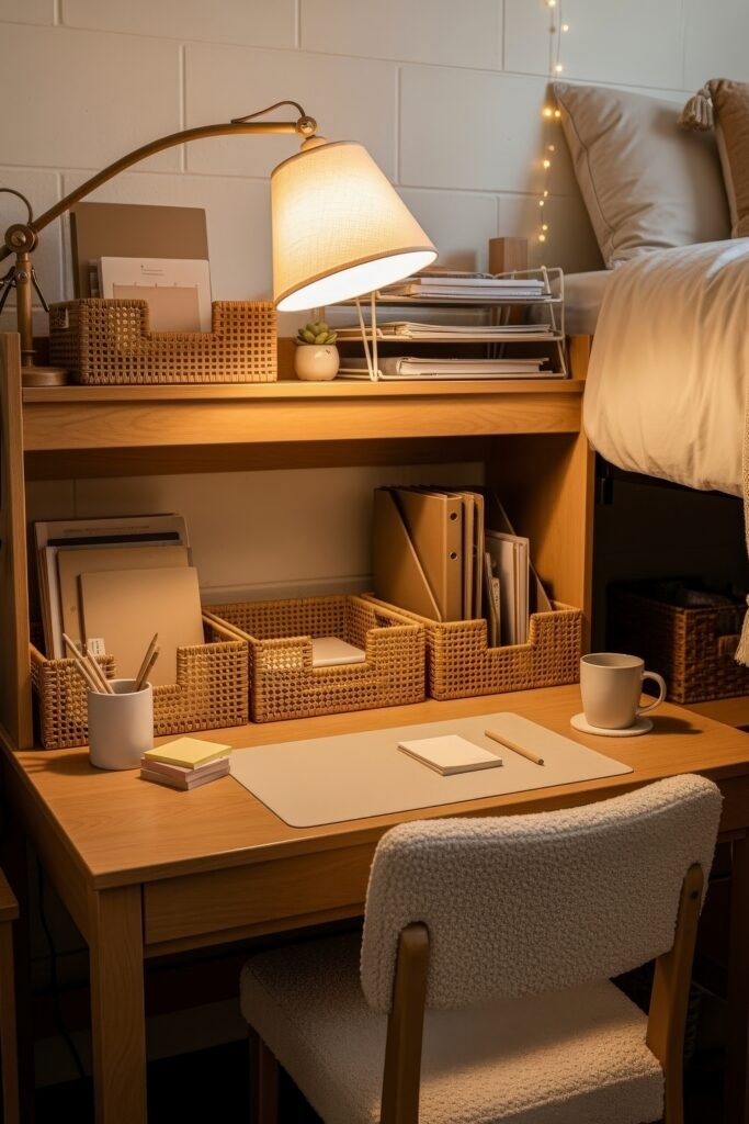 Dorm desk organization ideas for a chic glow-up 14 Natural dorm desk design with woven baskets, a large angled lamp, and neutral tones creating a cozy, organized study space.