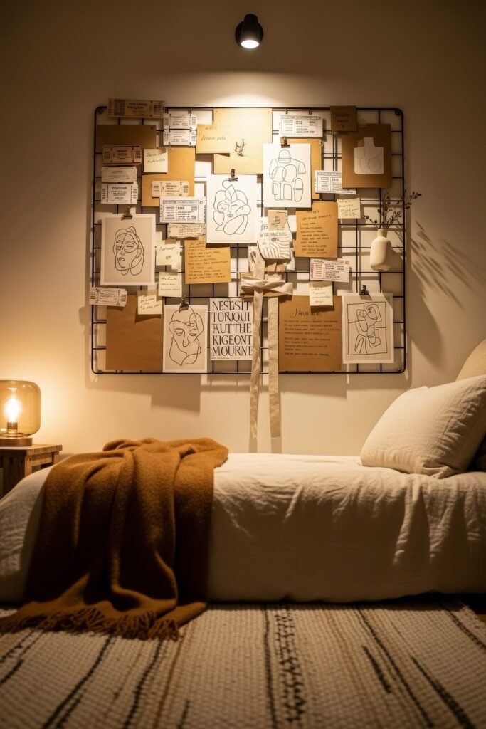 Trend-Forward dorm wall décor Ideas 16 Cozy dorm setup with a mustard throw on the bed, a wire dorm wall décor grid filled with sketches, notes, and keepsakes, and warm ambient lighting.