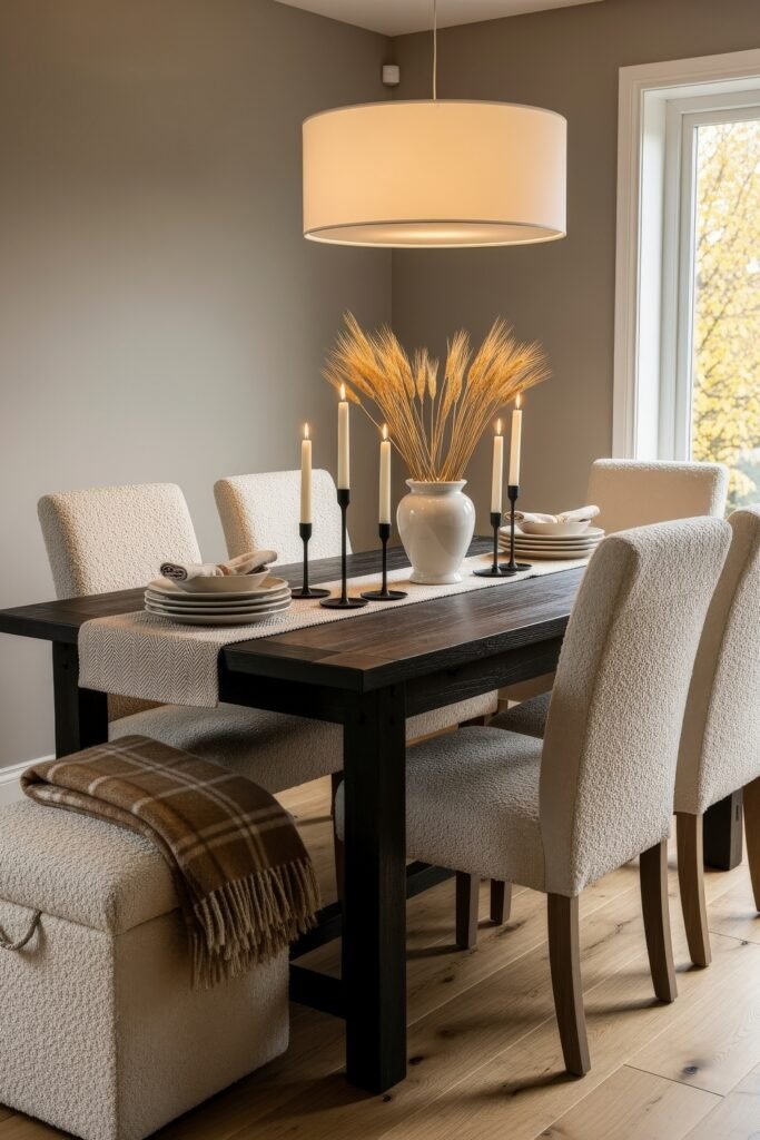 Fresh farmhouse fall decor Ideas for a Cozy, Modern Home 19 Dining table styled with neutral upholstered chairs, a white vase filled with wheat, and glowing candles, designed with simple farmhouse fall decor.
