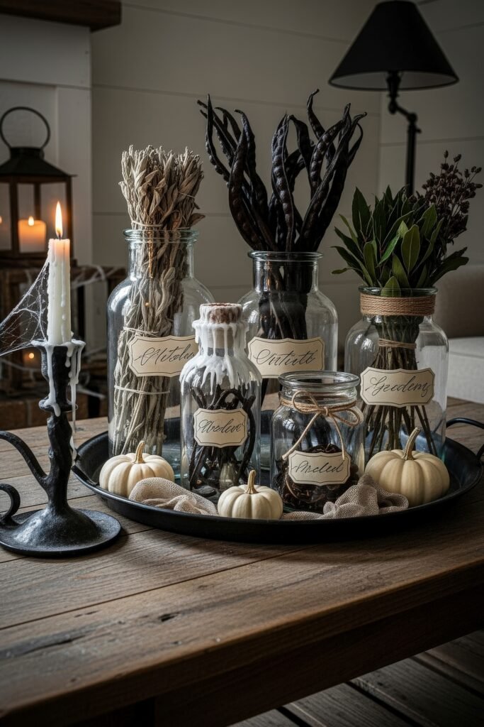 Chic Farmhouse Halloween: 13 Cozy, Stylish Decor Ideas 15 Tray of glass jars labeled like apothecary bottles, filled with herbs and botanicals, surrounded by mini pumpkins and a candle for a witchy farmhouse Halloween display.