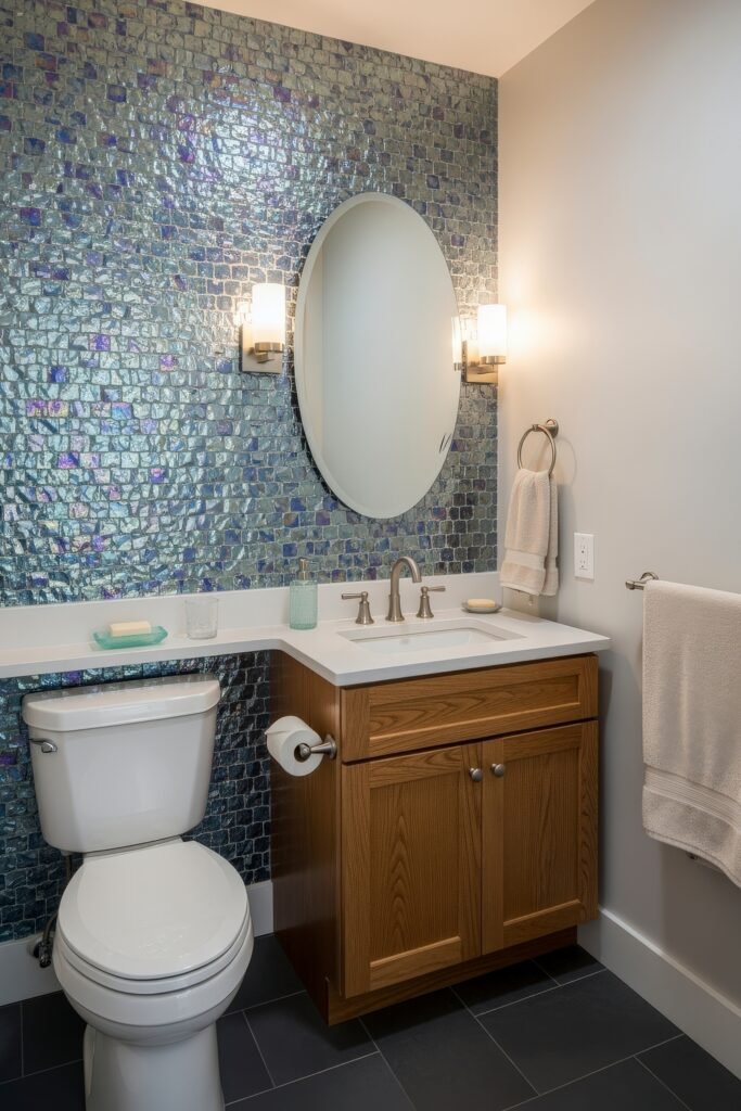 Half Bathroom Decor, Elevated: Jewel-Box Ideas 18 Small bathroom with shimmering mosaic tile accent wall, wood vanity, and oval mirror framed by sconces.