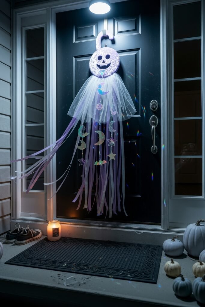 Chic halloween door hangers to elevate your entry 14 Black door decorated with a sparkling purple pumpkin-shaped Halloween door hanger with tulle, moon and star charms, and glowing candle nearby.