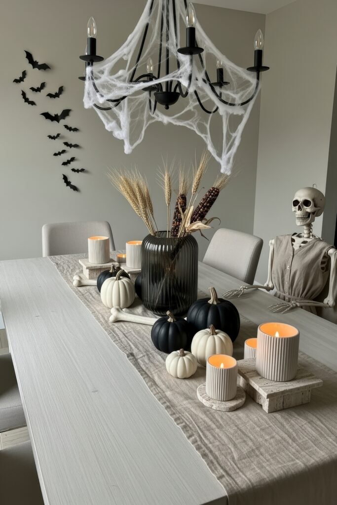 Spooky-Chic Magic: halloween home décor Ideas You’ll Love 19 Minimalist dining space with black and white pumpkins, ribbed candles, dried wheat centerpiece, cobweb chandelier, and a skeleton guest.