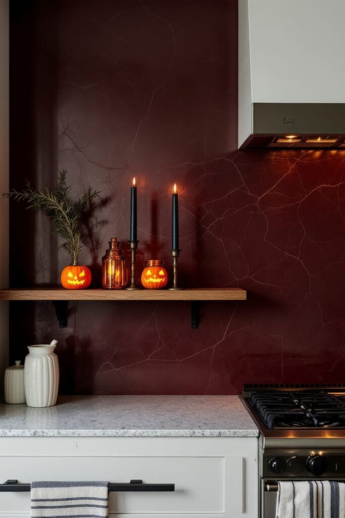 Fresh Ideas for your halloween kitchen 15 A deep red backsplash with a floating shelf holding glowing jack-o’-lanterns, amber glass, and black taper candles, adding dramatic halloween kitchen style.