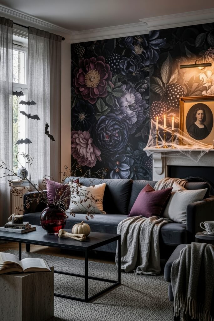Stylish halloween living room Ideas: 15 Fresh Styles 17 Halloween living room with bold floral wallpaper, purple accents, cobweb-draped candelabra, and bat silhouettes at the window.