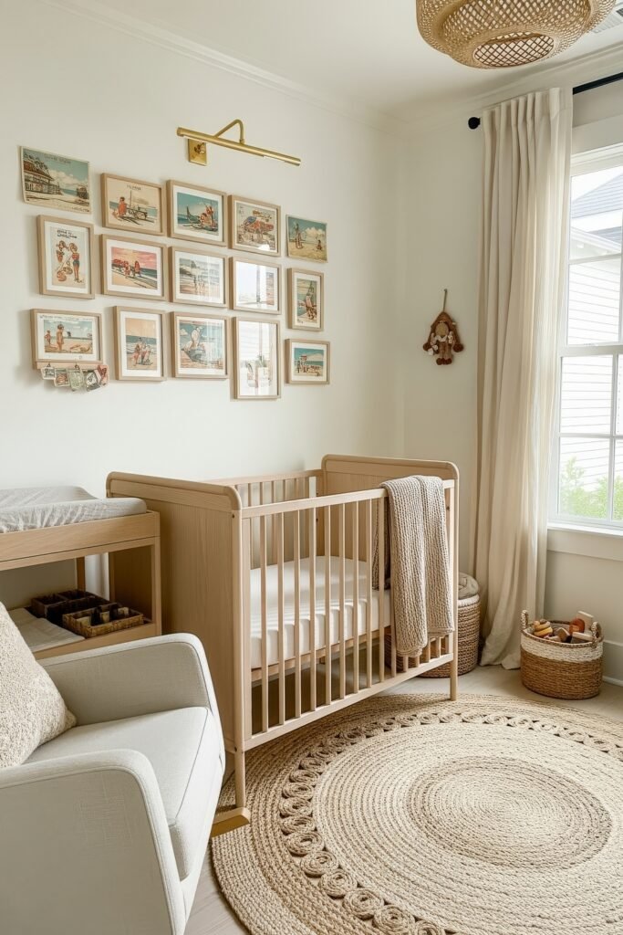 Fresh nautical nursery ideas for a calm, stylish baby room 16 Beach-inspired nursery with framed vintage seaside prints, natural fiber rug, and light wood crib for playful nautical nursery ideas.