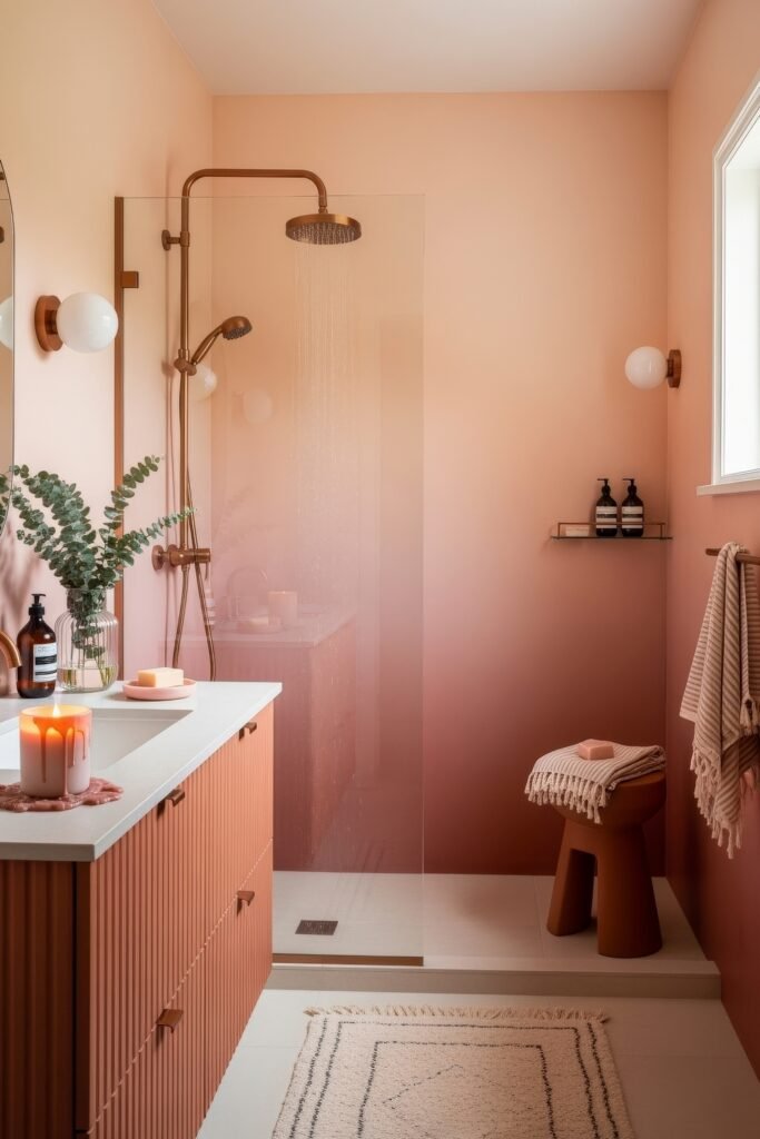 Fresh Ways to Style Pink Bathroom Decor: Looks That Glow 20 Warm bathroom with peach-pink walls, copper shower fixtures, and a ribbed vanity, styled with candles, plants, and cozy textiles for inviting pink bathroom decor.