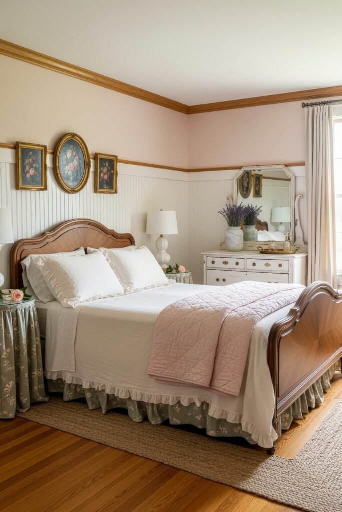 Sweet Ideas for a Romantic Cozy Farmhouse Bedroom 15 Charming cozy bedroom with a wood-framed bed, pale bedding, blush quilt, green floral bed skirt, and a dresser topped with lavender.
