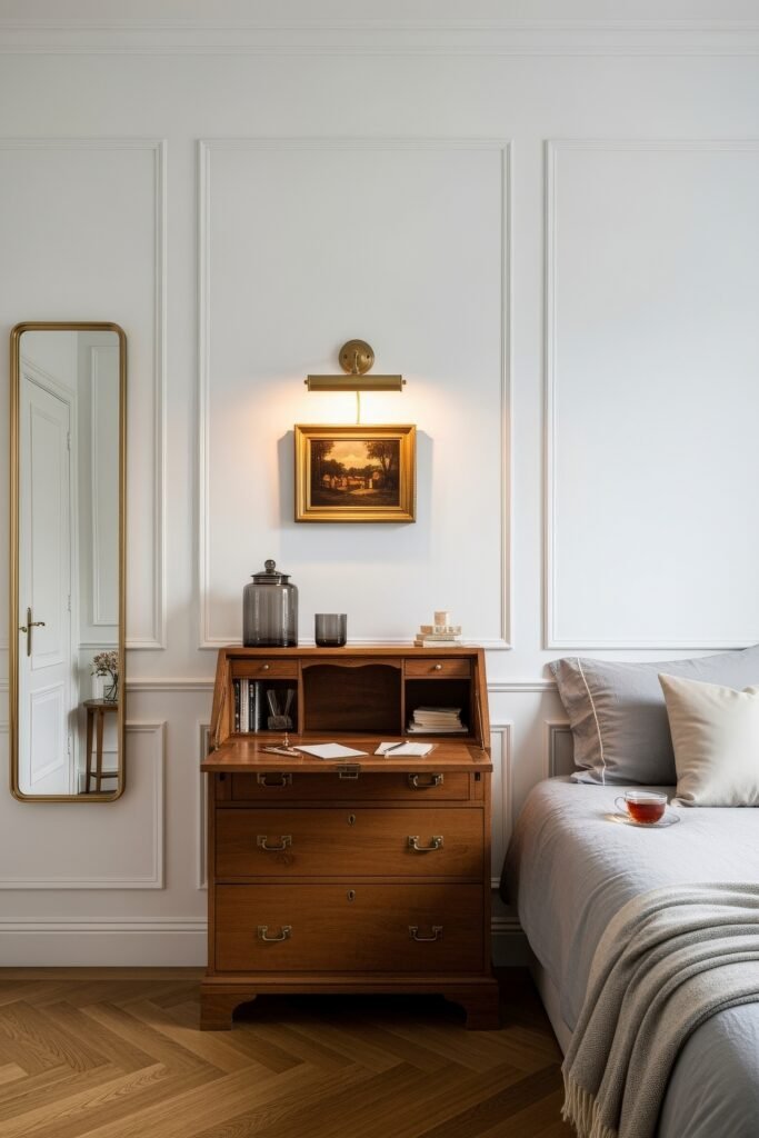 Small Bedroom Office Combo Ideas That Actually Look Chic 21 Elegant bedroom with a traditional wooden secretary desk beside the bed, topped with decor and lit by a brass picture light above framed artwork.