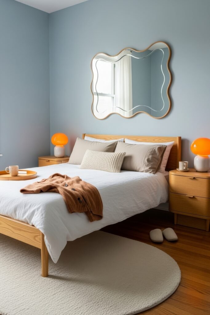 Small Bedroom Style Ideas: 15 Chic Looks That Work 22 Cozy small bedroom with sky-blue walls, wavy-framed mirror, and light wood furniture, accented by orange lamps and a rust-colored cardigan on the bed.