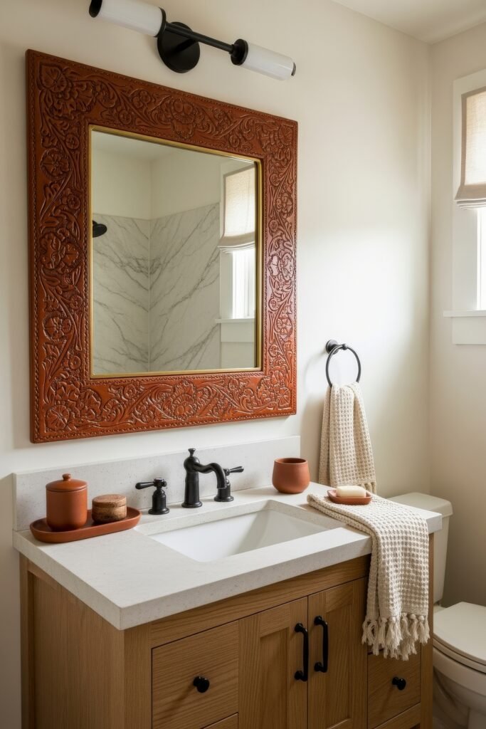 Desert-Modern Magic: Western Bathroom Decor Ideas 18 Bathroom vanity with carved leather-framed mirror, black fixtures, terracotta accessories, and warm neutral textiles for western bathroom decor.