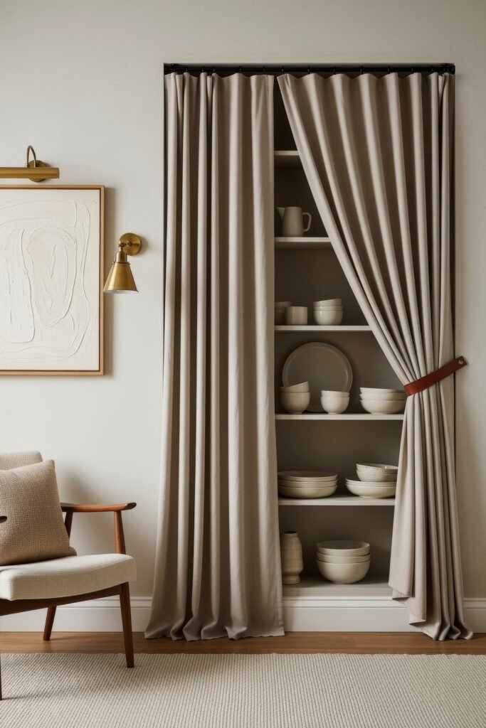 Chic Ideas for Aesthetic Apartment Decor That Feels Effortless 21 Neutral-toned living space with taupe curtains pulled aside to reveal neatly stacked ceramic dinnerware on open shelves, paired with a modern armchair and abstract wall art.