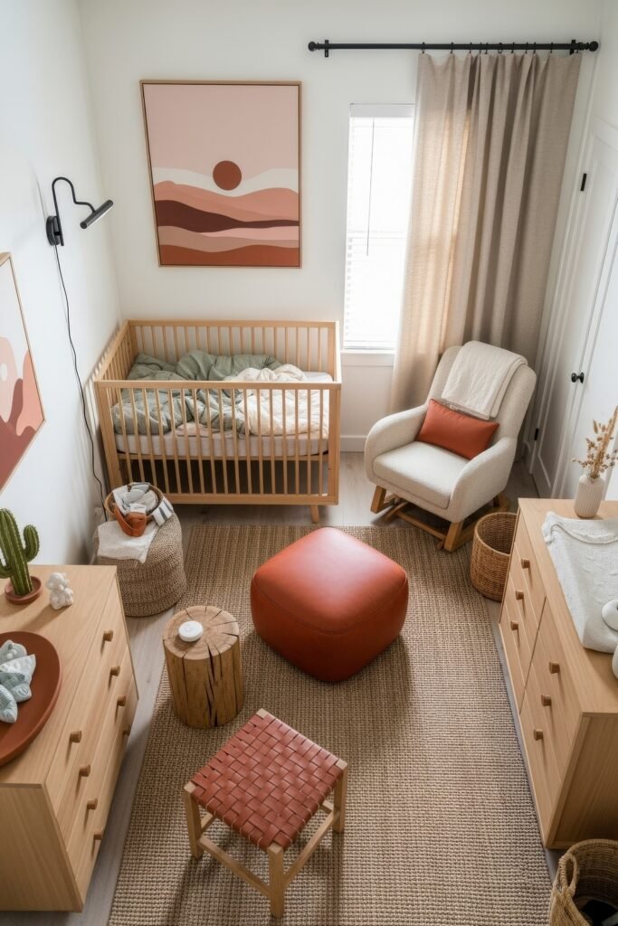 Dreamy Nursery Bedrooms: Baby Nursery Ideas for Boy 16 Modern desert-themed nursery with neutral crib, warm desert artwork, woven rug, leather stool, and cozy rocking chair accented in terracotta.