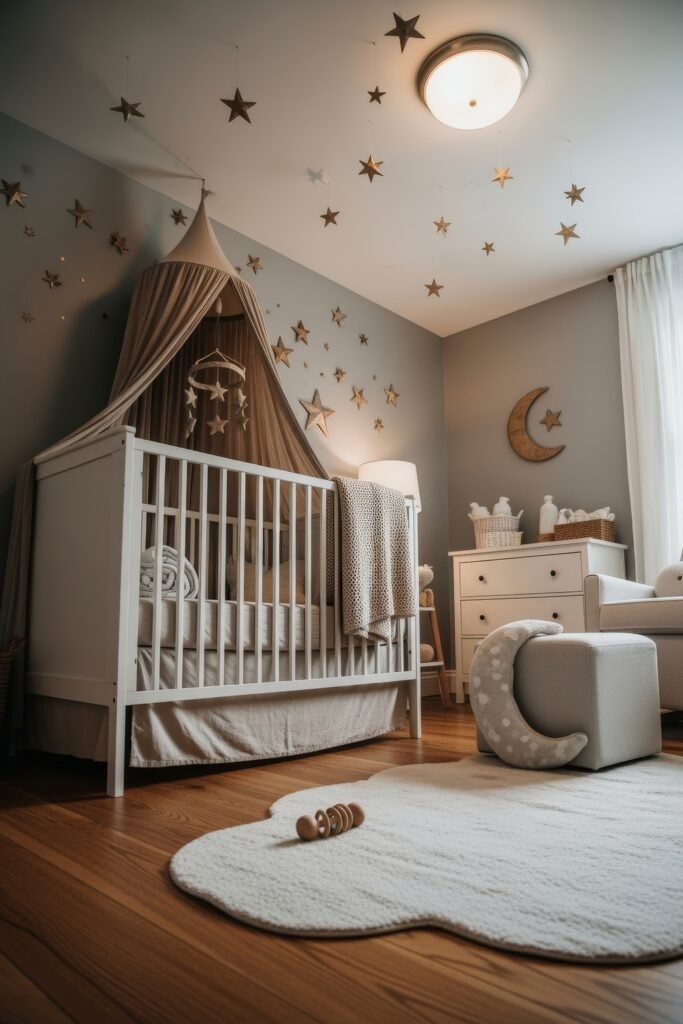 Dreamy & Stylish Baby Nursery Ideas for Girl 16 Moon and stars nursery with a canopy crib, celestial wall accents, plush moon seat, and soft cloud rug, designed with a magical night sky theme.