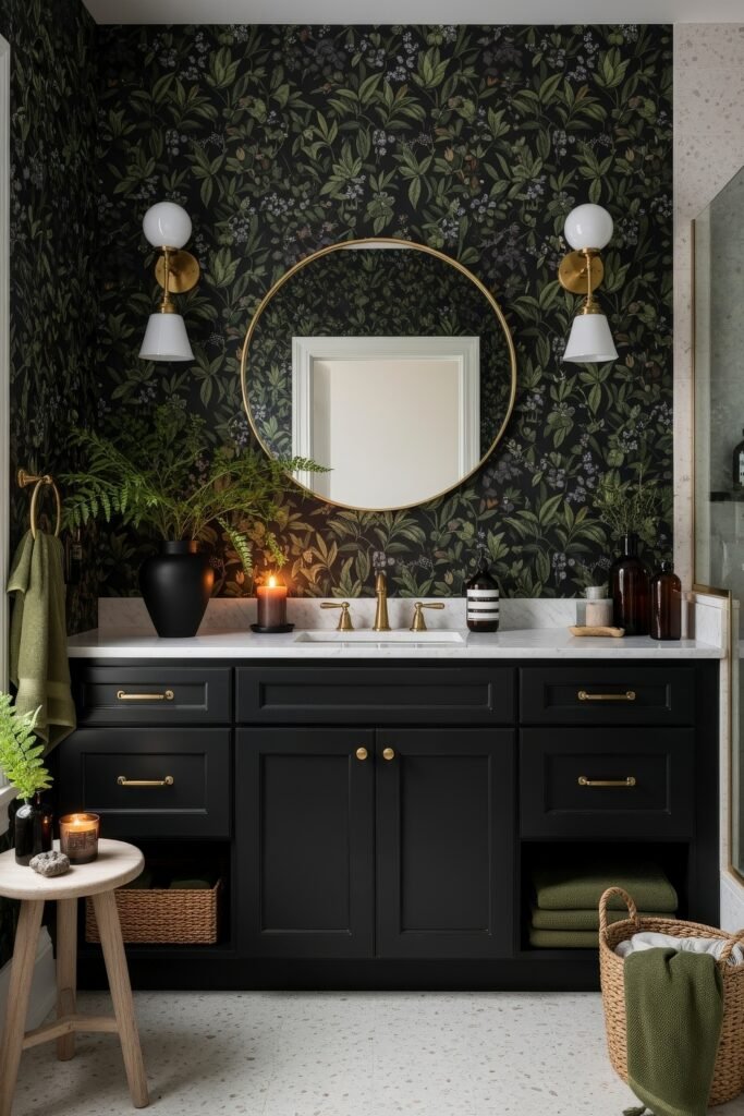 Black and Gold Bathroom Decor Ideas for Luxe Everyday Calm 18 Bathroom with leafy patterned wallpaper, black double vanity with brass hardware, round mirror, and lush greenery, styled with candles for cozy Bathroom Decor Inspo.