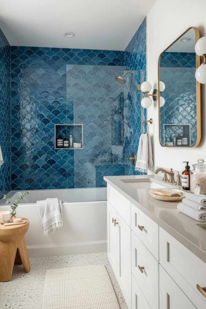 Blue Bathroom Decor: Fresh, Wow-Worthy Ideas 18 Sophisticated bathroom with fish scale blue tiles, white vanity, and wood stool adding warmth to the blue bathroom decor.