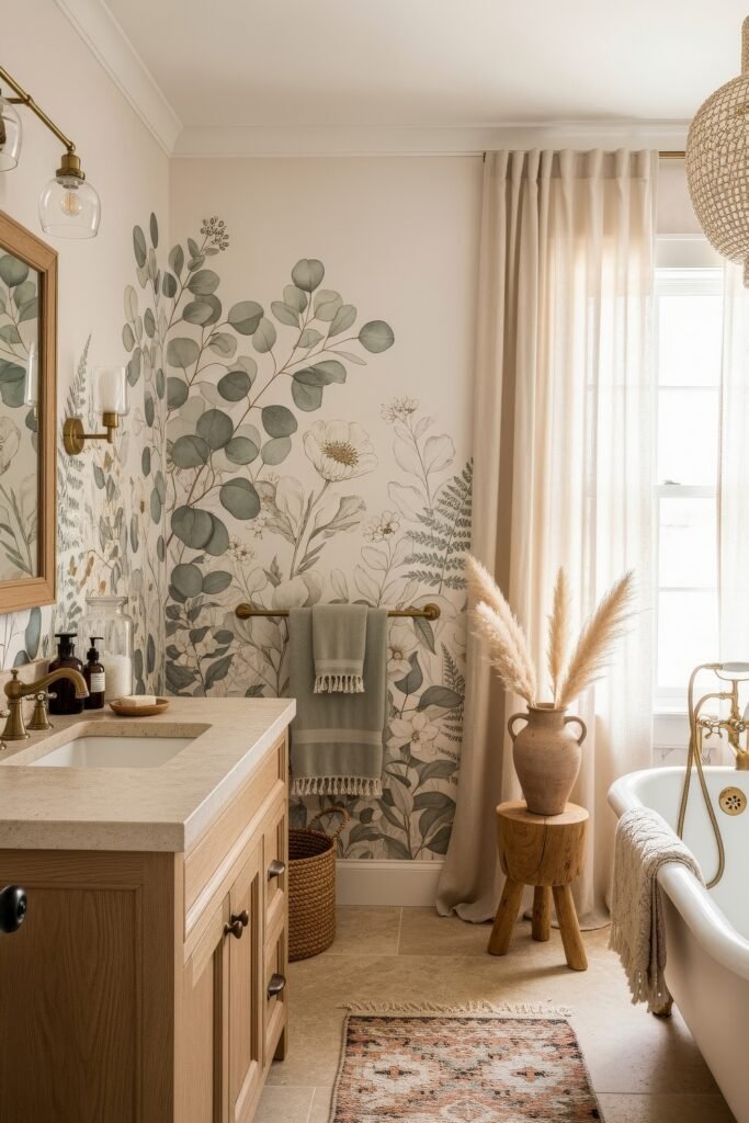 Fresh Ways to Layer Boho Bathroom Decor 19 Light-filled bathroom with eucalyptus wall mural, freestanding tub, wood vanity, pampas grass, and patterned rug for soft boho bathroom decor.