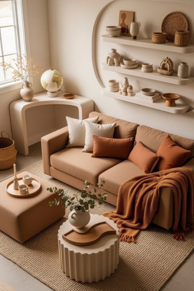 Cozy Boho Fall Decor: Ideas for Warm, Collected Style 21 Neutral-toned living room with a tan sofa, rust pillows, a knit throw, and sculptural shelves styled with ceramics and woven baskets for cozy boho fall decor.