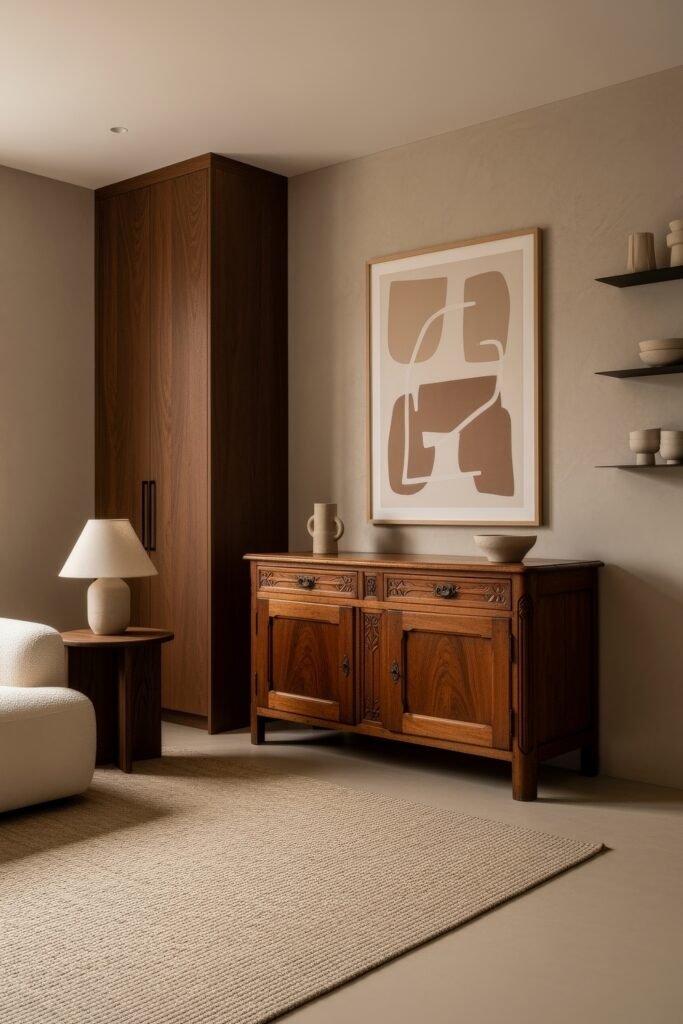 Chic Ideas for a Brown Apartment Aesthetic 16 Earth-toned corner with a vintage carved wood cabinet, modern abstract art, and soft ambient lighting, paired with a boucle armchair and minimal shelving—merging tradition and aesthetic apartment decor.