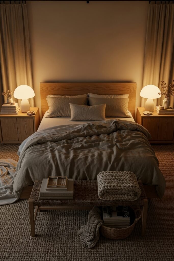 Soft & Stylish: Cozy Bedroom Ideas for an Effortless Retreat 21 Warm minimalist bedroom with light wood furniture, soft beige bedding, textured knit blanket on a woven bench, and mushroom-style lamps casting a cozy glow.