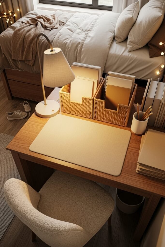 Dorm desk organization ideas for a chic glow-up 15 Minimal dorm bedroom desk with wicker storage bins, beige tones, a lamp, and a tidy setup beside a neatly made bed.