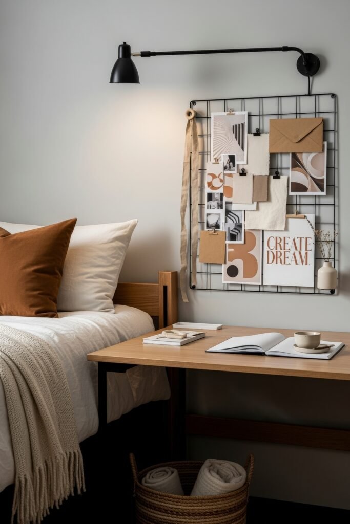 Trend-Forward dorm wall décor Ideas 17 Stylish dorm room with neutral bedding, burnt orange accent pillows, and a smaller wall grid holding inspirational clippings and modern design swatches.
