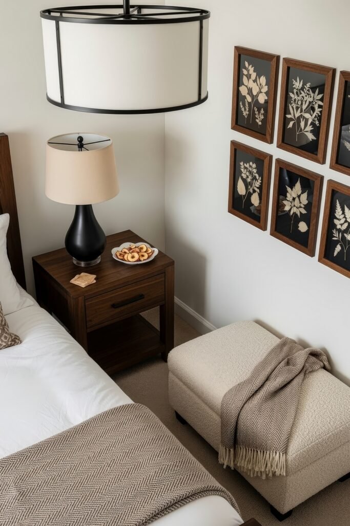 Fresh farmhouse fall decor Ideas for a Cozy, Modern Home 20 Bedroom with neutral bedding, wooden nightstand, framed botanical art, and a plate of cookies, styled with cozy fall decor details.