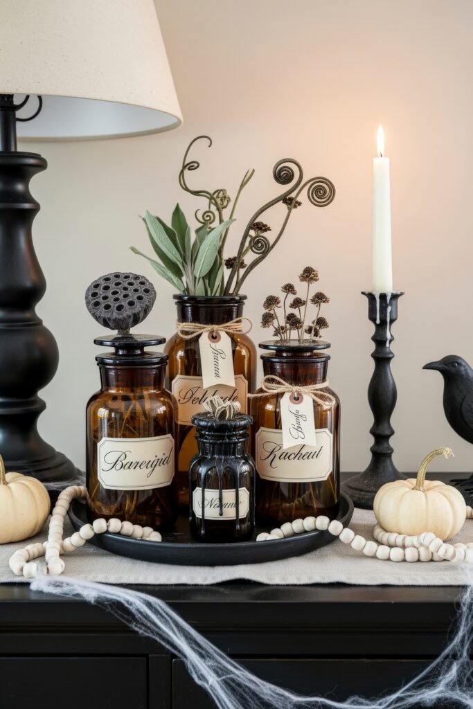 Chic Farmhouse Halloween: 13 Cozy, Stylish Decor Ideas 16 Halloween vignette with amber apothecary bottles, dried botanicals, labeled tags, black candlestick, mini pumpkins, and faux cobwebs for rustic seasonal décor.