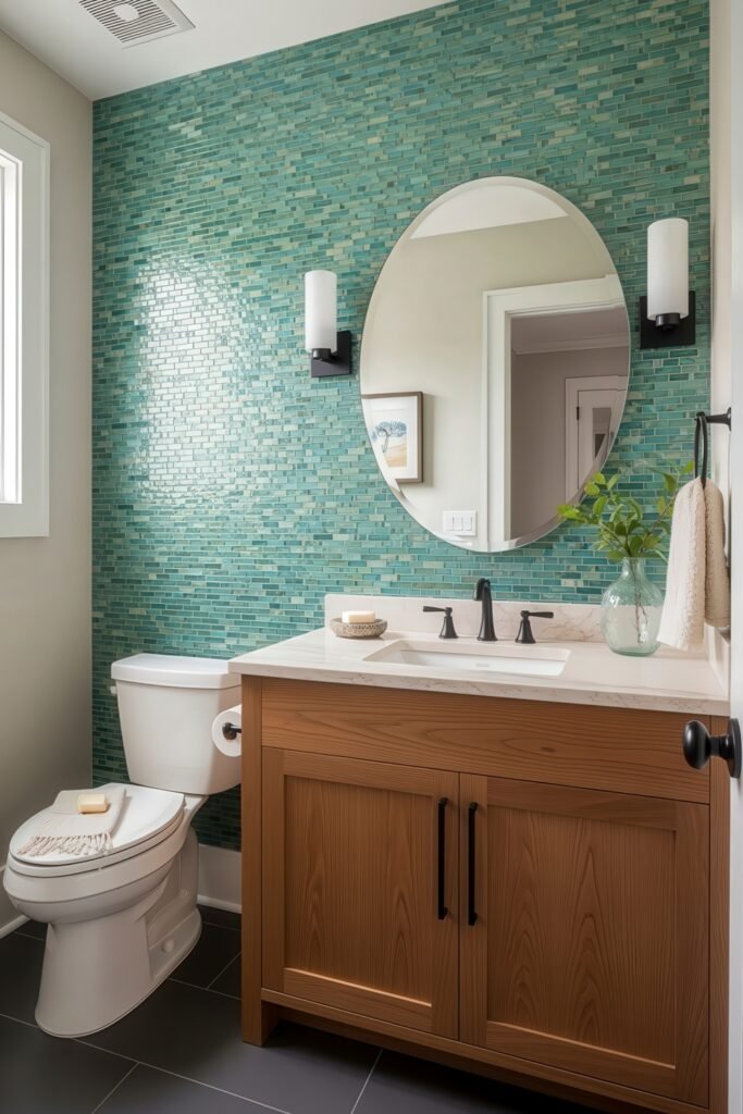 Half Bathroom Decor, Elevated: Jewel-Box Ideas 19 Fresh and bright half bathroom decor with aqua mosaic tile backsplash, wood vanity, and circular mirror.