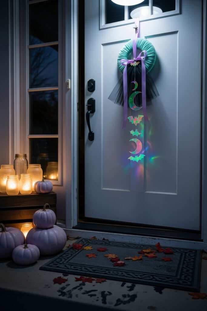 Chic halloween door hangers to elevate your entry 15 White door adorned with a green circular Halloween door hanger tied with purple ribbon, hanging holographic bats and moons, surrounded by lilac pumpkins and lanterns.
