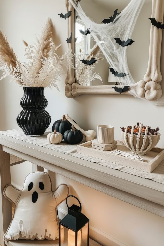Spooky-Chic Magic: halloween home décor Ideas You’ll Love 20 Neutral console table with ghost pillow, black and white pumpkins, bone-shaped mirror frame, cobwebs, and a skeletal candy bowl for subtle halloween home décor.