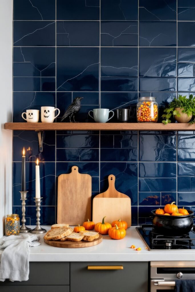 Fresh Ideas for your halloween kitchen 16 A halloween kitchen counter with navy tile backsplash, decorated with stacked bread slices, mini pumpkins, cutting boards, candles, candy jars, and mugs with ghost faces.