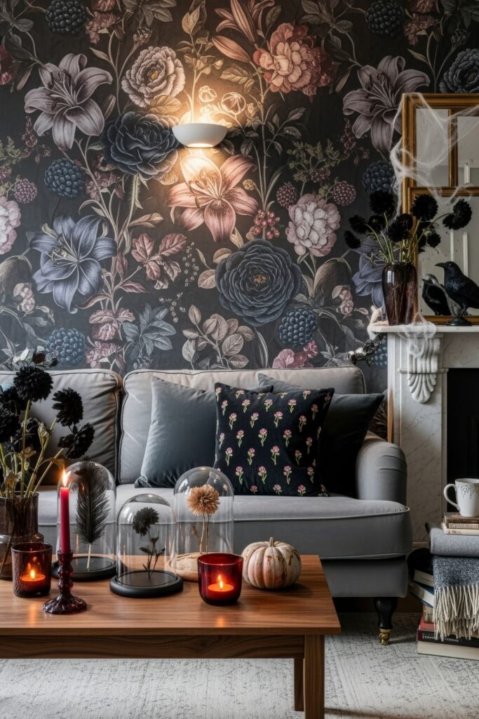 Stylish halloween living room Ideas: 15 Fresh Styles 18 Cozy halloween living room with dark floral wallpaper, black roses under glass domes, red candles, and pumpkins.