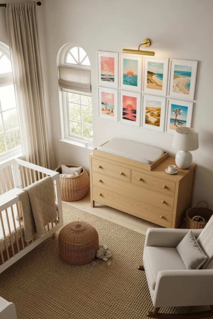 Fresh nautical nursery ideas for a calm, stylish baby room 17 Bright nursery featuring vibrant beachscape artwork, woven accents, and a pale wood crib paired with a cozy reading nook.