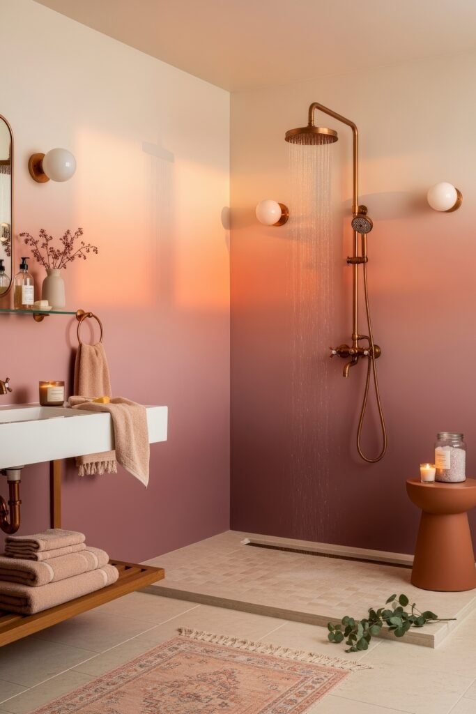 Fresh Ways to Style Pink Bathroom Decor: Looks That Glow 21 Modern bathroom with a walk-in shower, ombré pink walls, and copper fixtures, styled with candles, soft towels, and a patterned rug for warm pink bathroom decor.