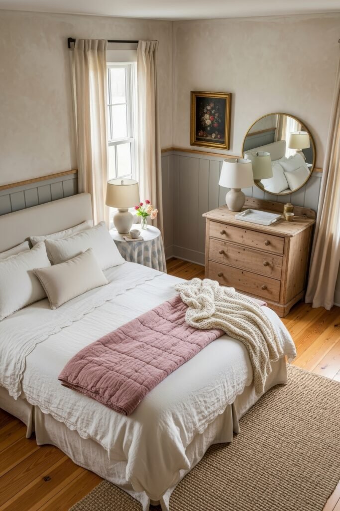 Sweet Ideas for a Romantic Cozy Farmhouse Bedroom 16 Warm cozy bedroom with white scalloped bedding, blush quilt, knitted throw, and rustic wood furniture under soft natural light.