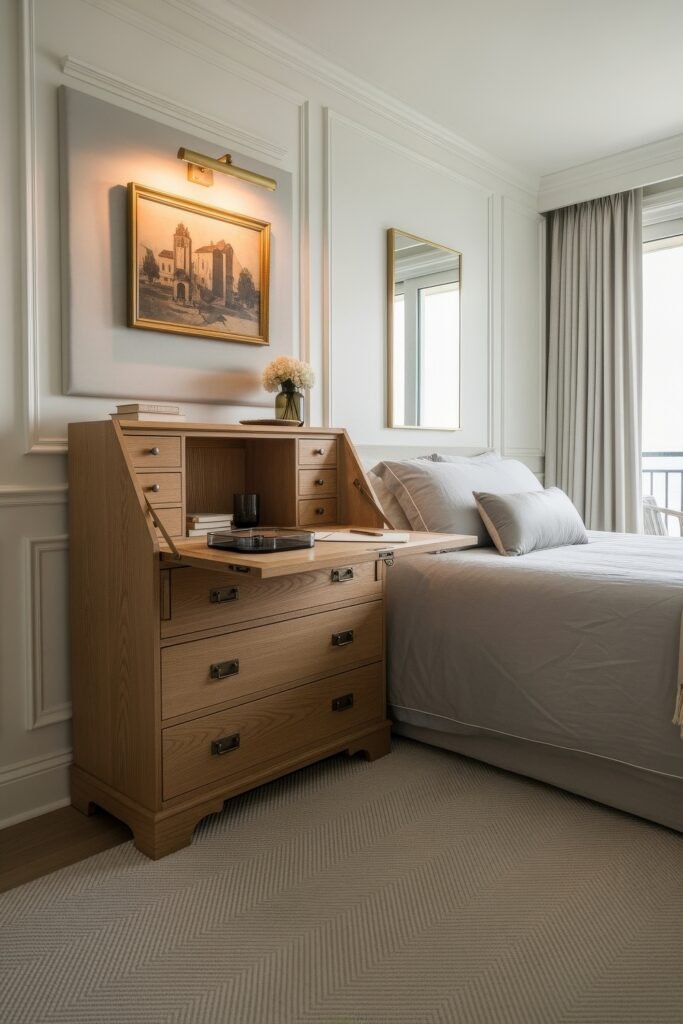 Small Bedroom Office Combo Ideas That Actually Look Chic 22 Light-filled bedroom with a blonde wood secretary desk next to the bed, styled with books, glassware, and a brass picture light over framed art.