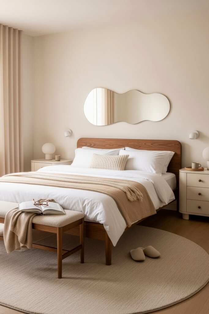 Small Bedroom Style Ideas: 15 Chic Looks That Work 23 Neutral-toned bedroom featuring a soft beige palette, rounded-edge mirror, and layered white and tan bedding for a serene, minimalist look.